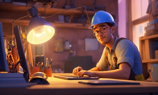 Glasses, Blue, Smile, Table, Eyewear, Helmet